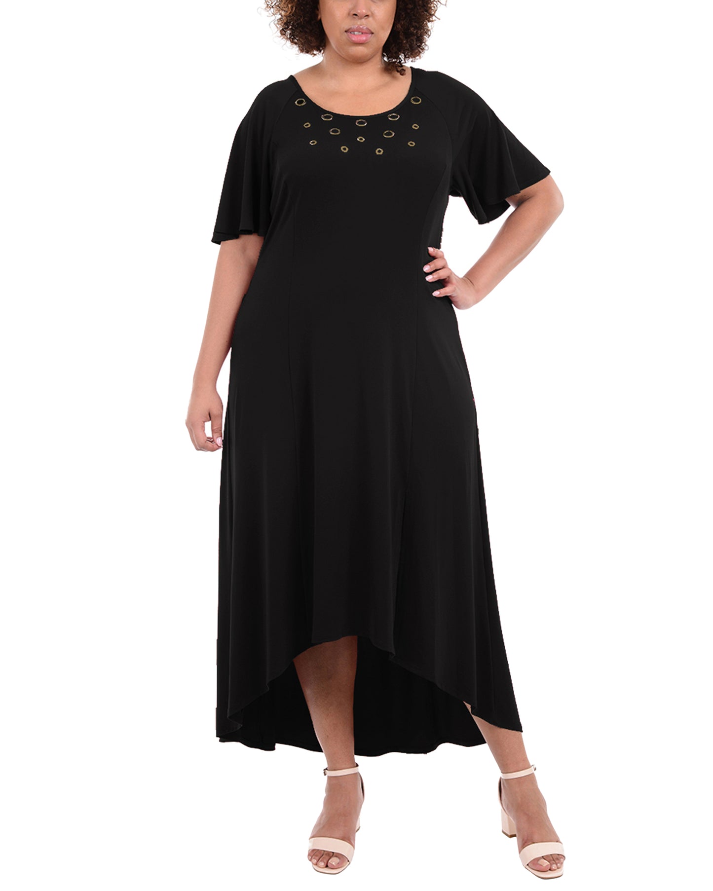 Vestido longo feminino plus size com mangas esvoaçantes e acabamento em ferragens, preto, tamanho 1X, da NY Collection