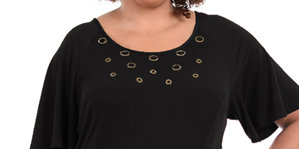 Vestido longo feminino plus size com mangas esvoaçantes e acabamento em ferragens, preto, tamanho 1X, da NY Collection