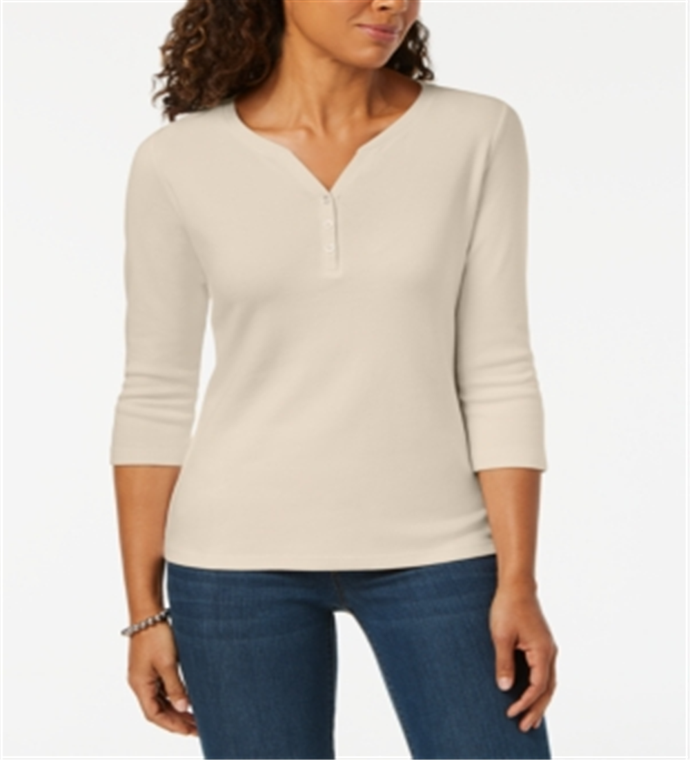Karen Scott Top Henley de Algodão Feminino Marrom Tamanho Grande
