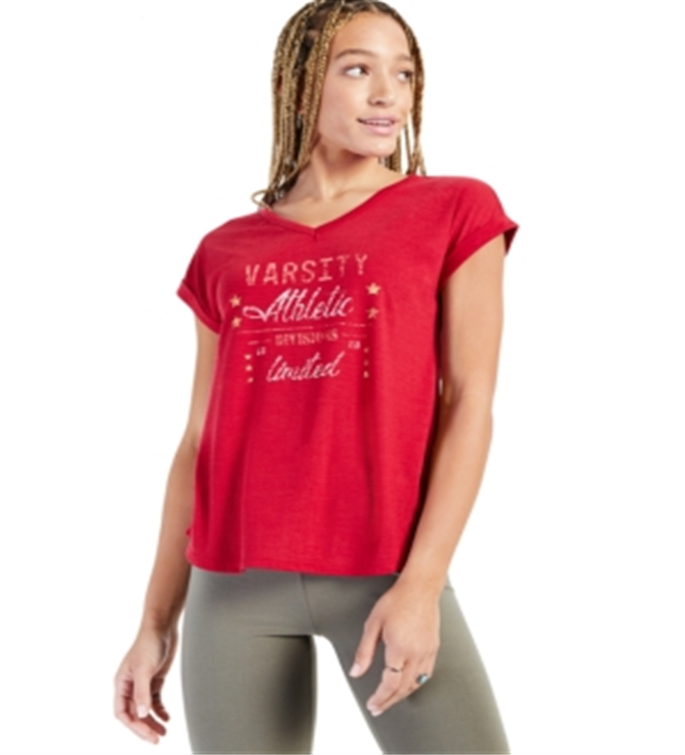 Camiseta feminina com estampa gráfica e decote em V, tamanho pequeno e grande, vermelha, estilo &amp; co