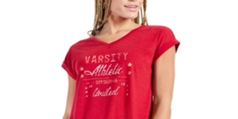 Camiseta feminina com estampa gráfica e decote em V, tamanho pequeno e grande, vermelha, estilo &amp; co