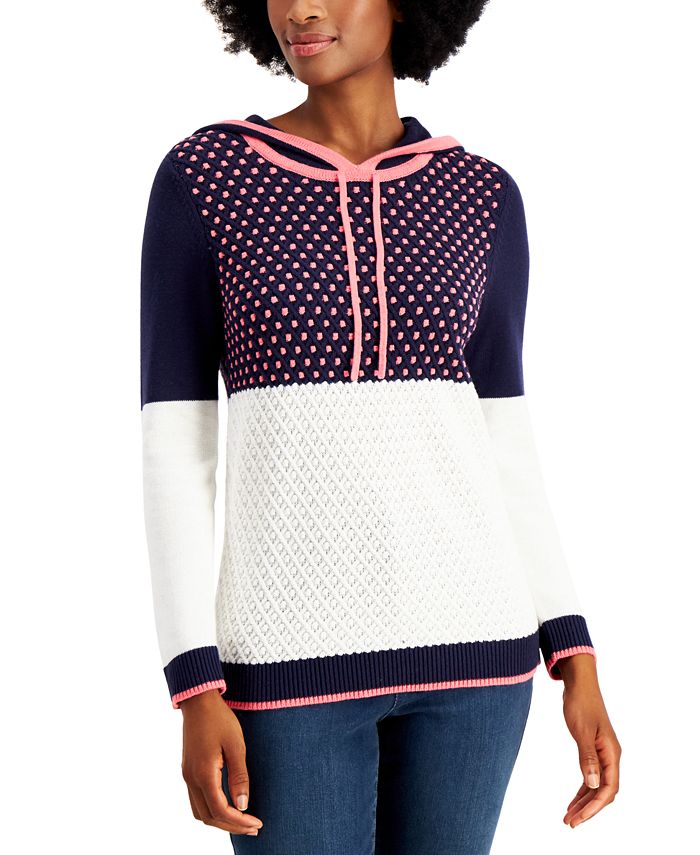 Suéter com capuz feminino Charter Club Colorblocked, azul, tamanho pequeno, médio