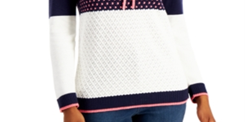 Suéter com capuz feminino Charter Club Colorblocked, azul, tamanho pequeno, médio