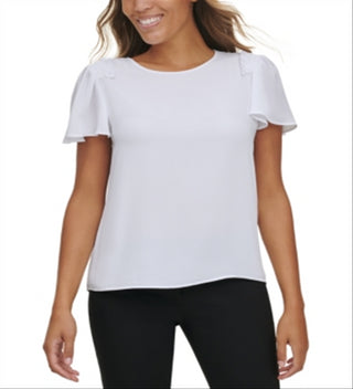 Blusa Calvin Klein Feminina Manga Curta Babados Branca Tamanho X-G