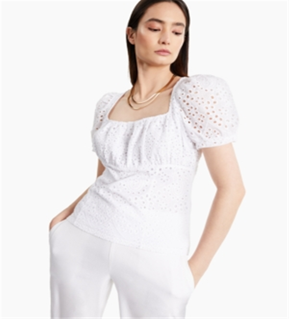 Blusa feminina de algodão com ilhós e gola quadrada, tamanho grande, branca, da INC International Concepts