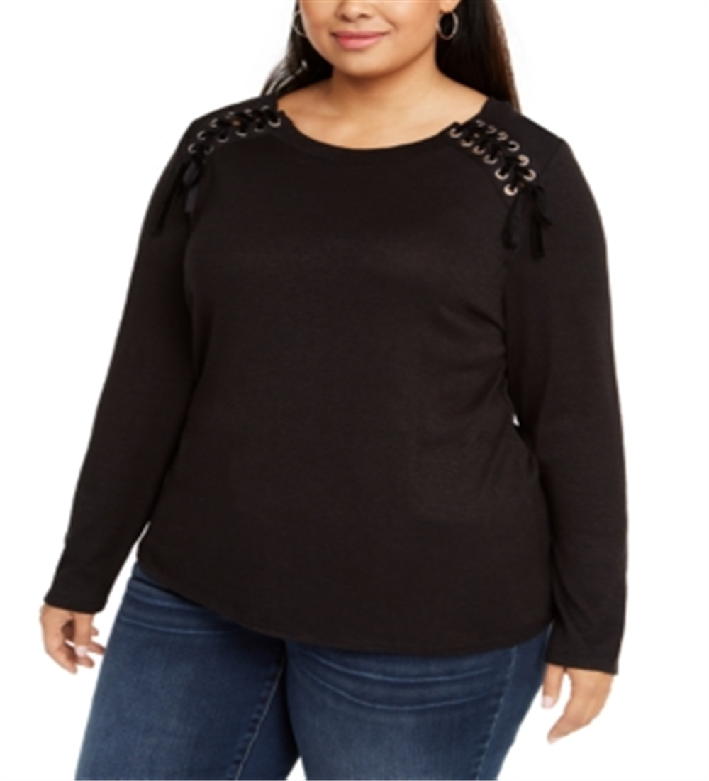 INC International Concepts Top Feminino com Ombros Grandes e Renda, Preto, Tamanho 0X