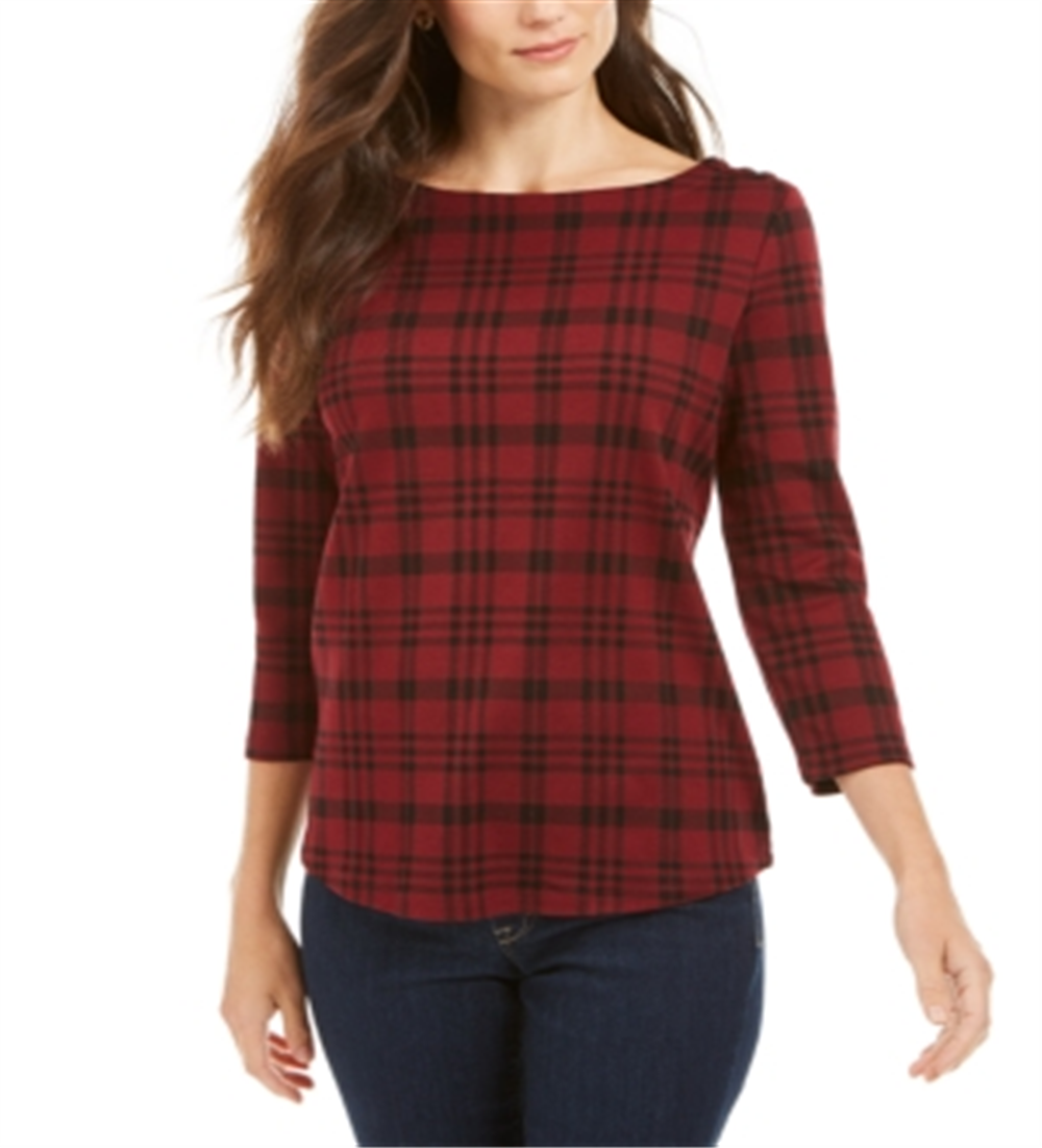 Blusa feminina Charter Club de algodão xadrez com manga 3/4, vinho, tamanho G