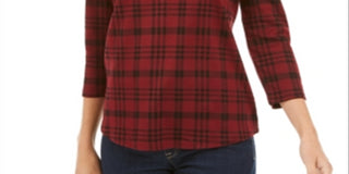 Blusa feminina Charter Club de algodão xadrez com manga 3/4, vinho, tamanho G