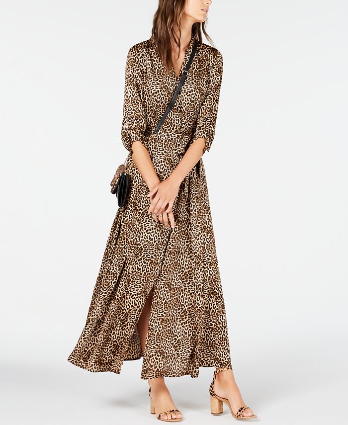 Vestido-camisa feminino INC com estampa de leopardo e manga cotovelo, longo, marrom, tamanho 4