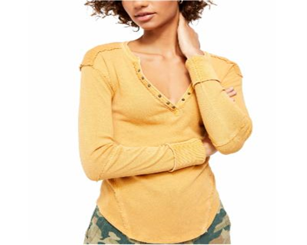 Blusa feminina de manga comprida com decote em V, amarela, tamanho médio