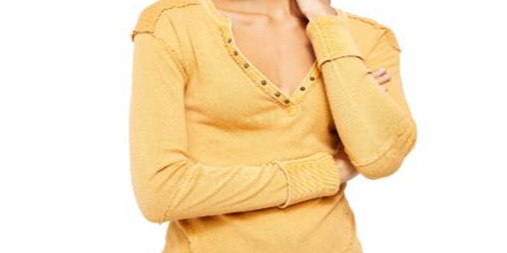 Blusa feminina de manga comprida com decote em V, amarela, tamanho médio