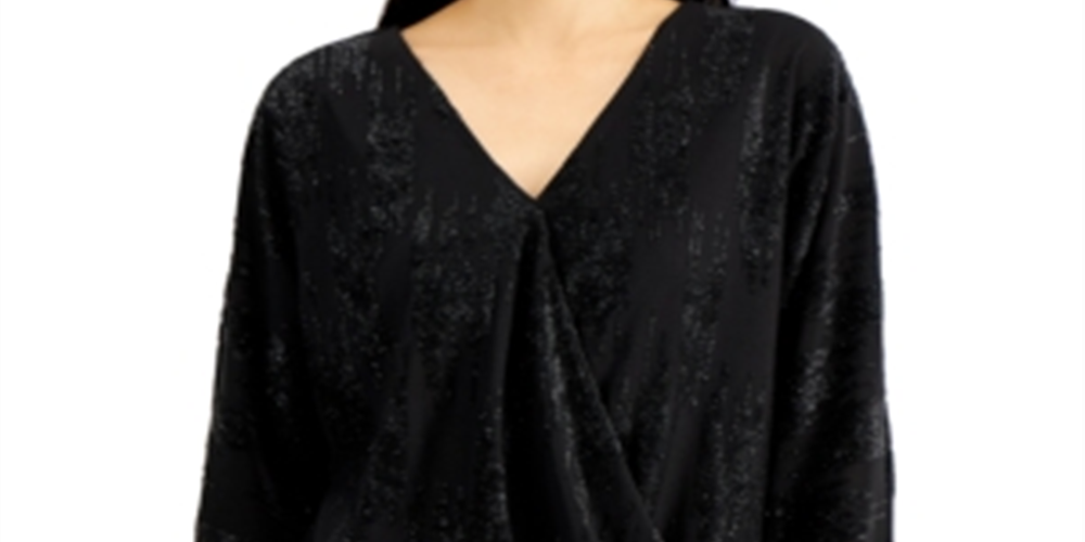 Blusa de malha com decote em V e sobrepeliz Alfani feminina, preta, tamanho grande