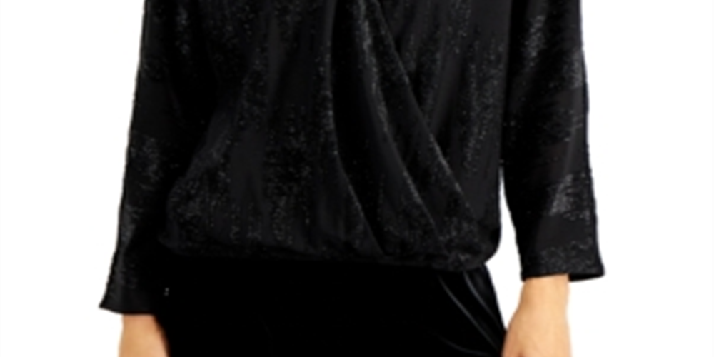 Blusa de malha com decote em V e sobrepeliz Alfani feminina, preta, tamanho grande