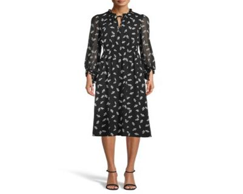 Vestido feminino Anne Klein com estampa de folhas franzidas e corte evasê, preto, tamanho médio