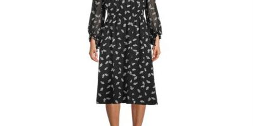 Vestido feminino Anne Klein com estampa de folhas franzidas e corte evasê, preto, tamanho médio