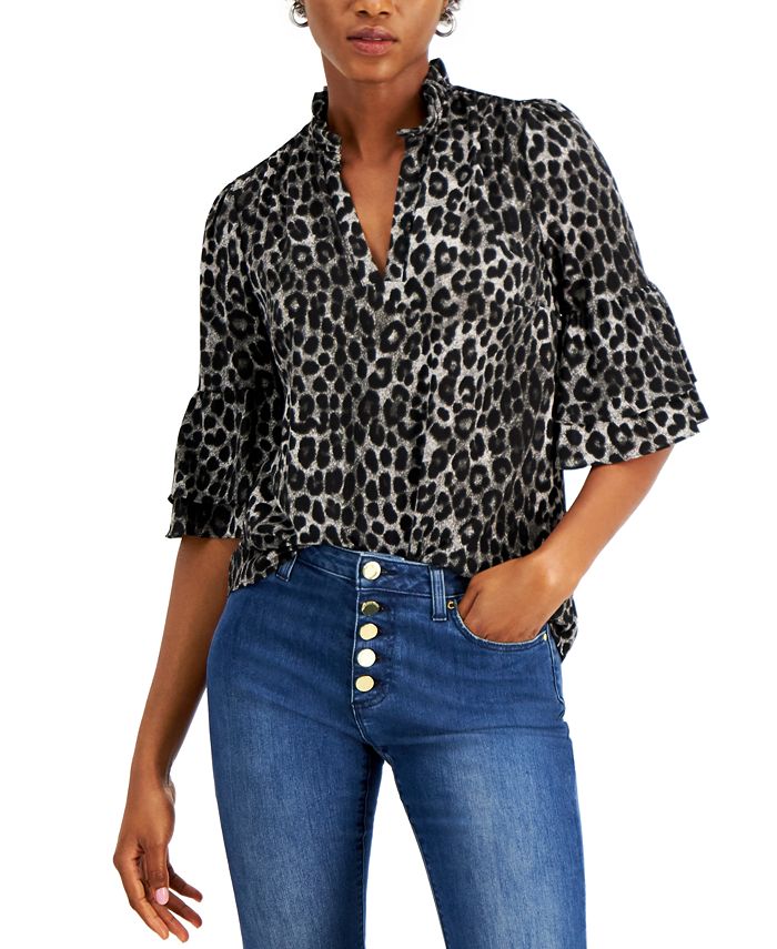 Blusa feminina Michael Kors com babados e manga cotovelo, cinza, tamanho grande