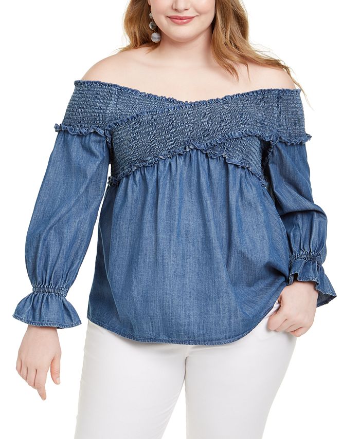 Blusa feminina plus size com manga sino franzida da INC International Concepts, azul, tamanho -0X