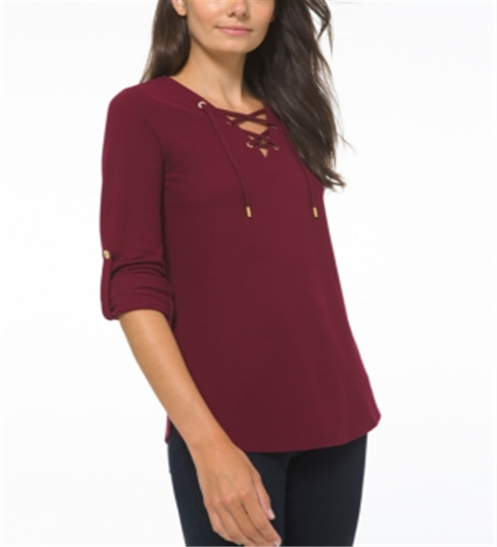 Blusa feminina Michael Kors Waffle Knit com cadarço frontal, vermelha, tamanho médio
