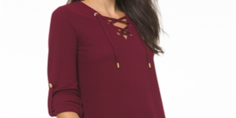 Blusa feminina Michael Kors Waffle Knit com cadarço frontal, vermelha, tamanho médio