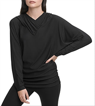 Suéter com capuz e manga dolman drapeada feminino DKNY, preto, tamanho médio