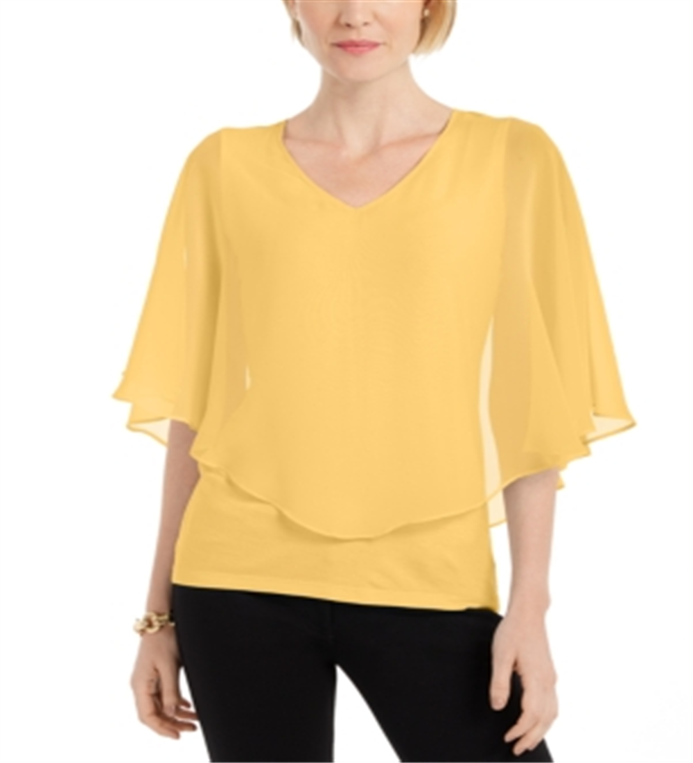 JM Collection Blusa feminina lisa com decote em V em chiffon e sobreposição, amarela, tamanho grande