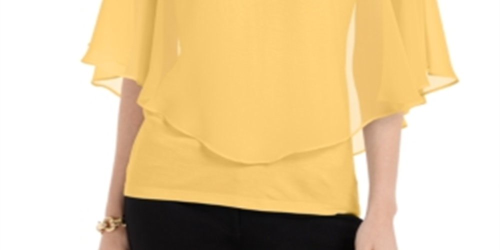 JM Collection Blusa feminina lisa com decote em V em chiffon e sobreposição, amarela, tamanho grande
