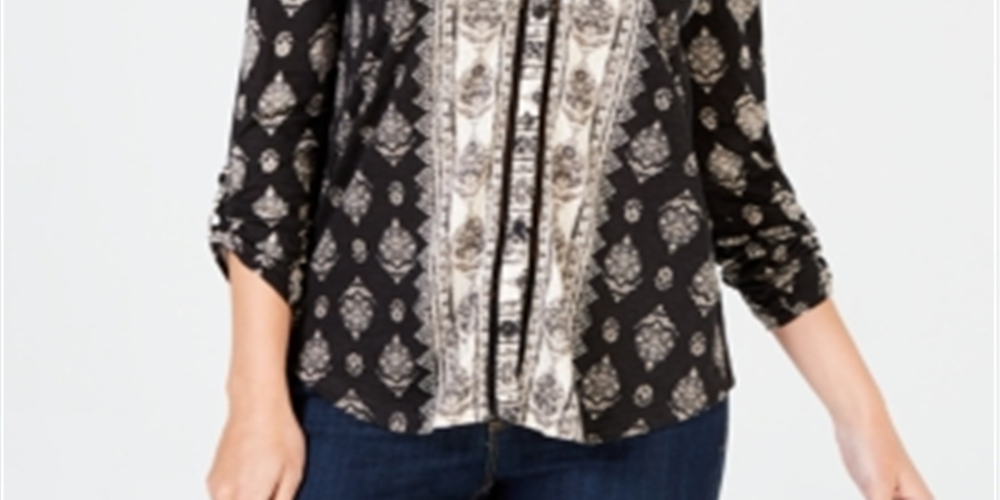 Blusa feminina estampada com decote em botão, tamanho X-S