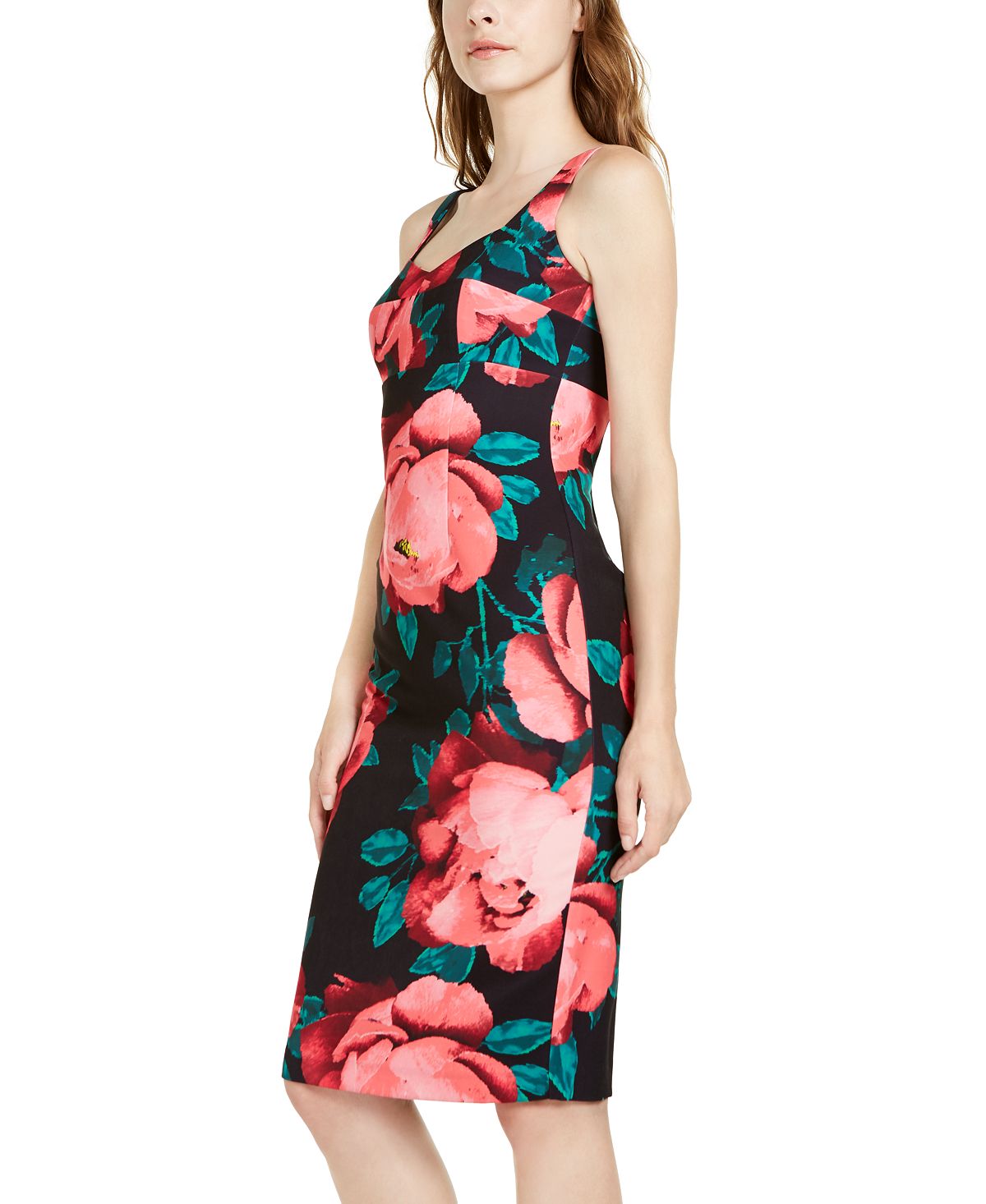 Vestido feminino Trina Turk com decote em V e mangas florais, tamanho 10, vermelho