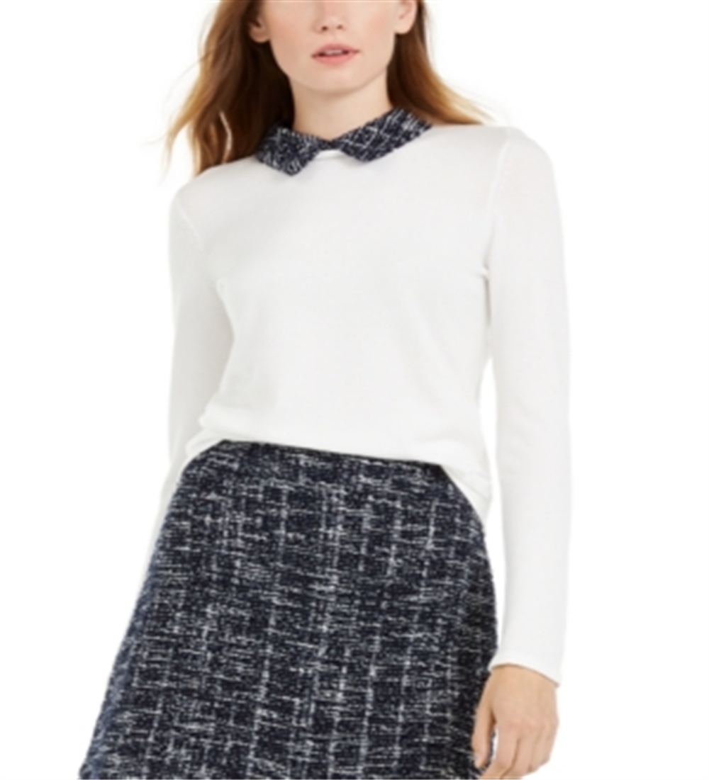 Suéter feminino Maison Jules de manga comprida com gola de tweed, branco, tamanho XX-G