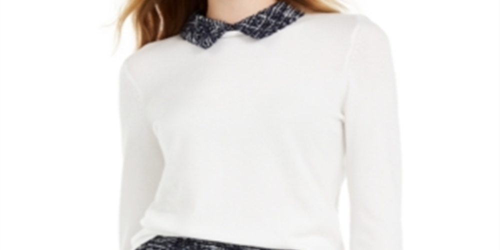 Suéter feminino Maison Jules de manga comprida com gola de tweed, branco, tamanho XX-G