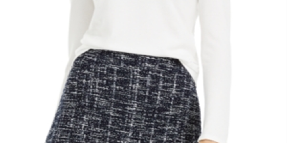 Suéter feminino Maison Jules de manga comprida com gola de tweed, branco, tamanho XX-G