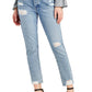 Calça jeans feminina Sam Edelman, desfiada, com bolsos e zíper, perna reta, azul, tamanho 27