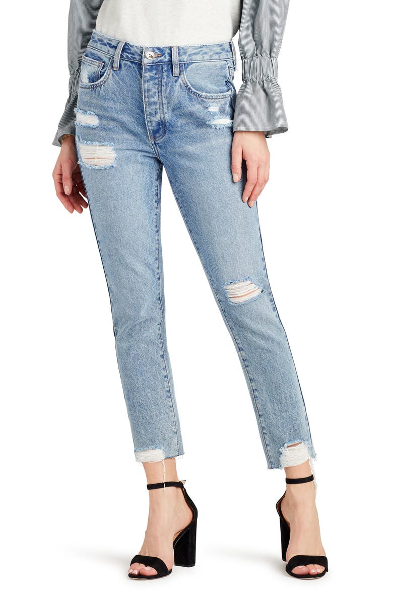 Calça jeans feminina Sam Edelman, desfiada, com bolsos e zíper, perna reta, azul, tamanho 27