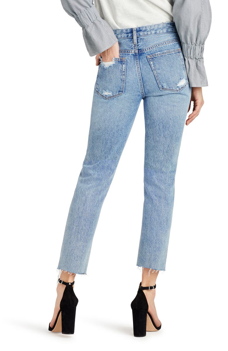 Calça jeans feminina Sam Edelman, desfiada, com bolsos e zíper, perna reta, azul, tamanho 27