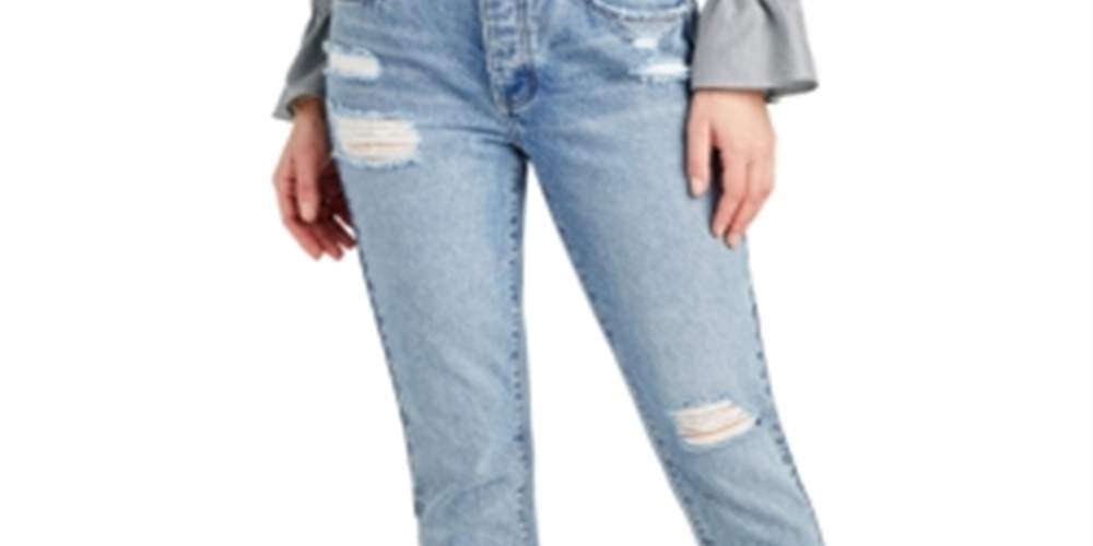 Calça jeans feminina Sam Edelman, desfiada, com bolsos e zíper, perna reta, azul, tamanho 27