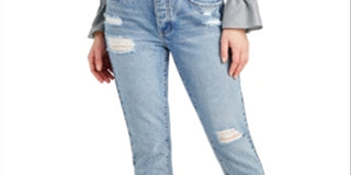 Calça jeans feminina Sam Edelman, desfiada, com bolsos e zíper, perna reta, azul, tamanho 27