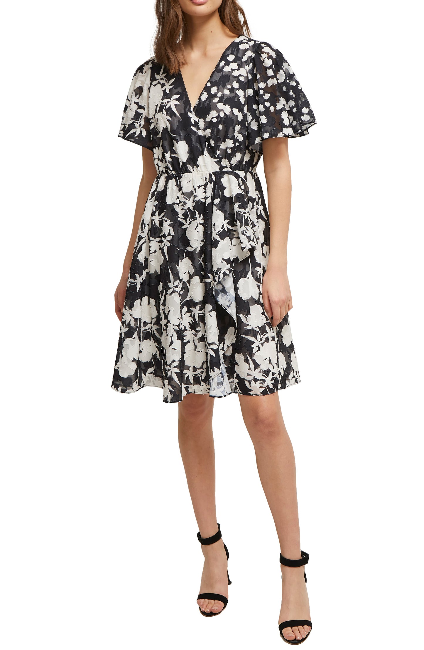 Vestido envelope feminino Bamba Devore de manga curta da French Connection, preto, tamanho 8