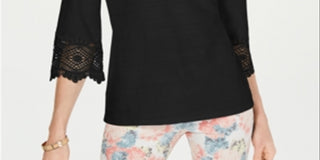 Top feminino Charter Club com manga de renda, preto, tamanho pequeno e pequeno