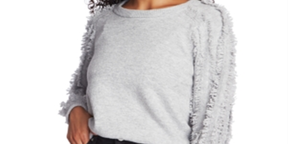 1.STATE Suéter feminino com mangas franjadas cinza