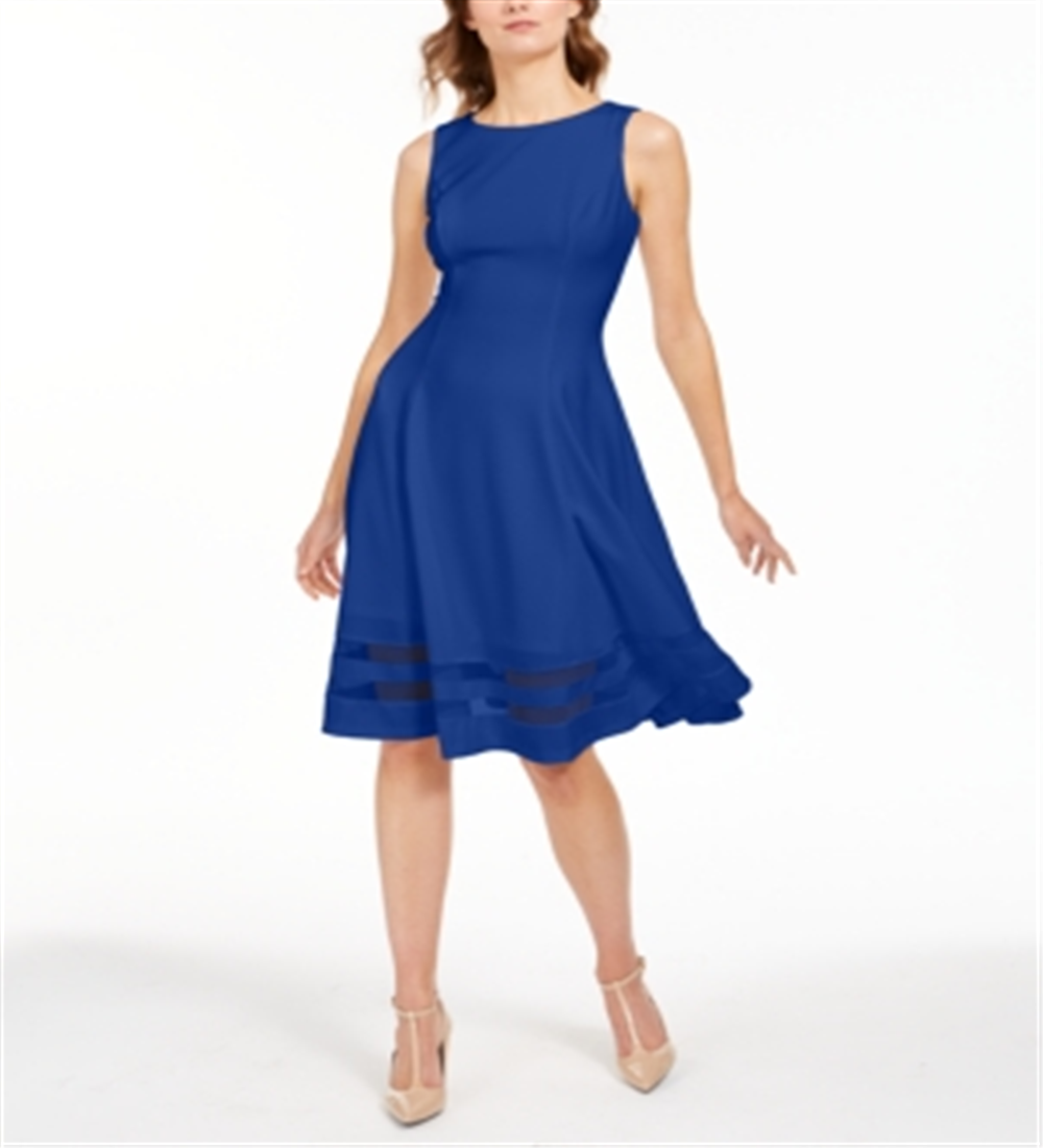 Vestido Calvin Klein Feminino Illusion Trim Fit Flare Azul Tamanho 6
