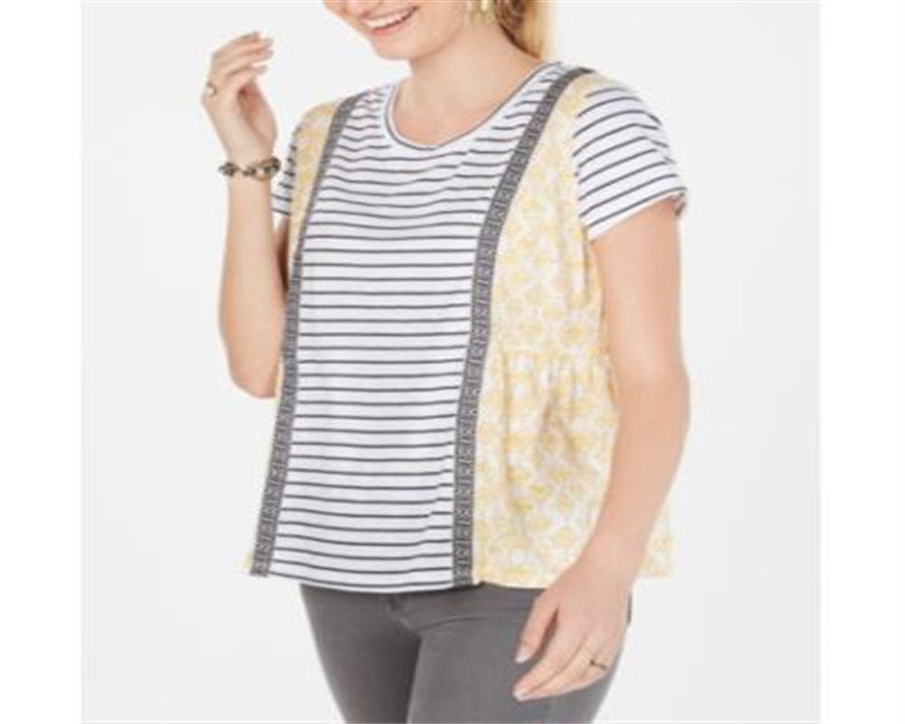 Camiseta feminina listrada com estampa mista Style &amp; Co, tamanho pequeno, amarela