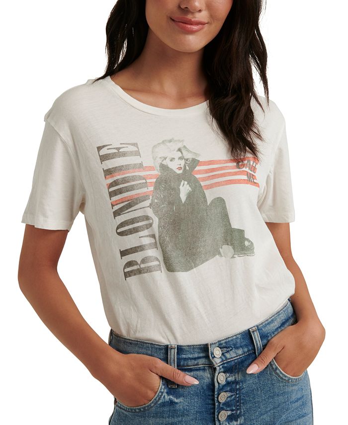Camiseta feminina listrada Lucky Brand Blondie, branca, tamanho P