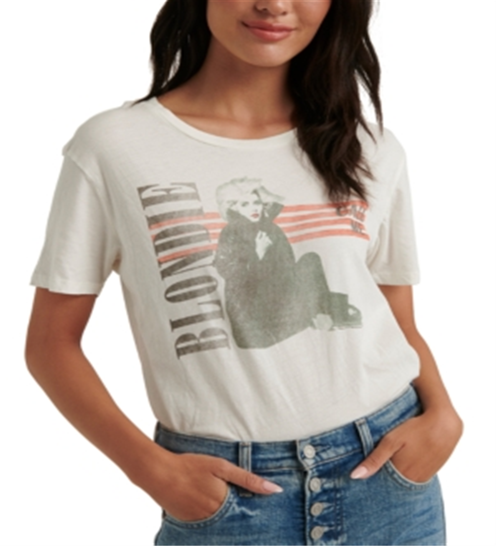 Camiseta feminina listrada Lucky Brand Blondie, branca, tamanho P