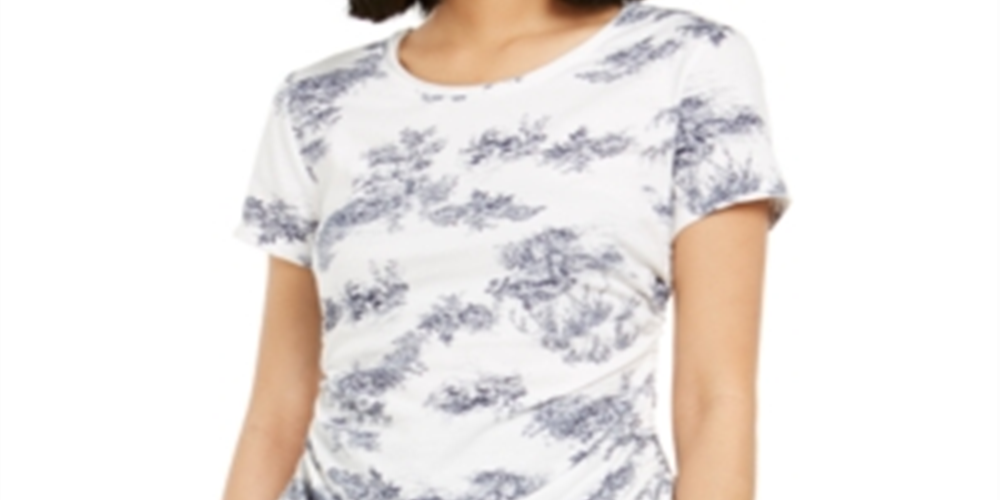 INC International Concepts Top feminino de algodão estampado com bainha amarrada, branco, tamanho pequeno médio
