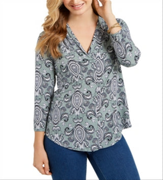 Top feminino estampado com decote em V, verde, tamanho 2X
