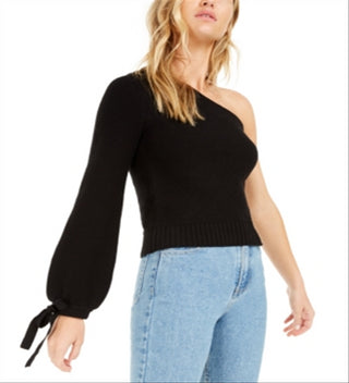 Suéter feminino Bar III com um ombro só e manga volumosa, preto, tamanho grande