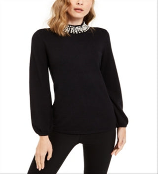 Blusa feminina Alfani com gola pérola, preta, tamanho X-S