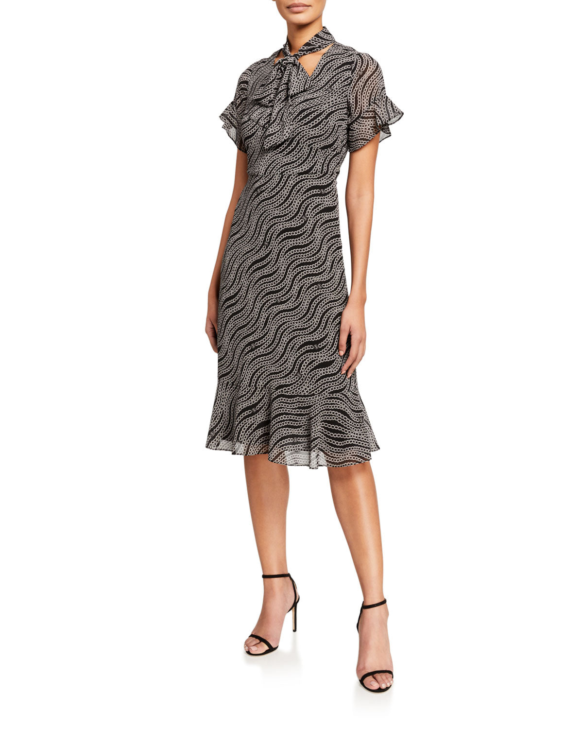 Vestido feminino Michael Kors com babados e amarração na cintura, preto, tamanho 2XL