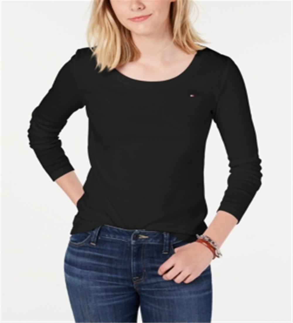 Camiseta feminina Tommy Hilfiger de algodão com manga comprida e bandeira, preta, tamanho XS