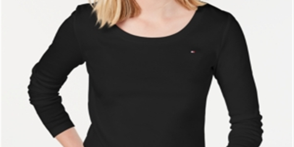 Camiseta feminina Tommy Hilfiger de algodão com manga comprida e bandeira, preta, tamanho XS